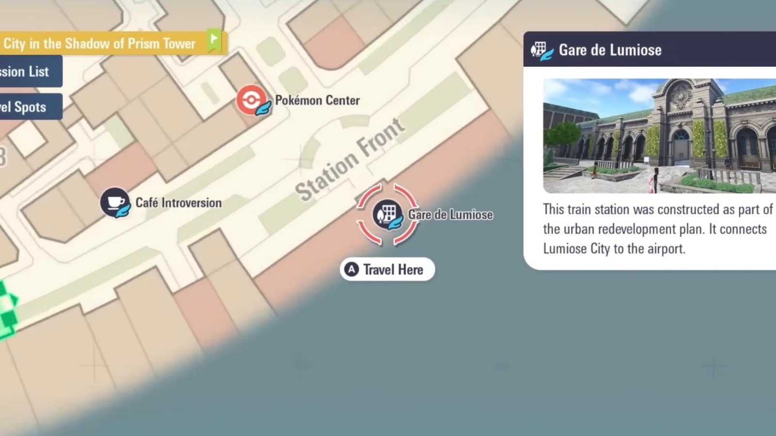 Pokémon Legends: Z-A screenshot featuring the map location for Gare de Lumiose.