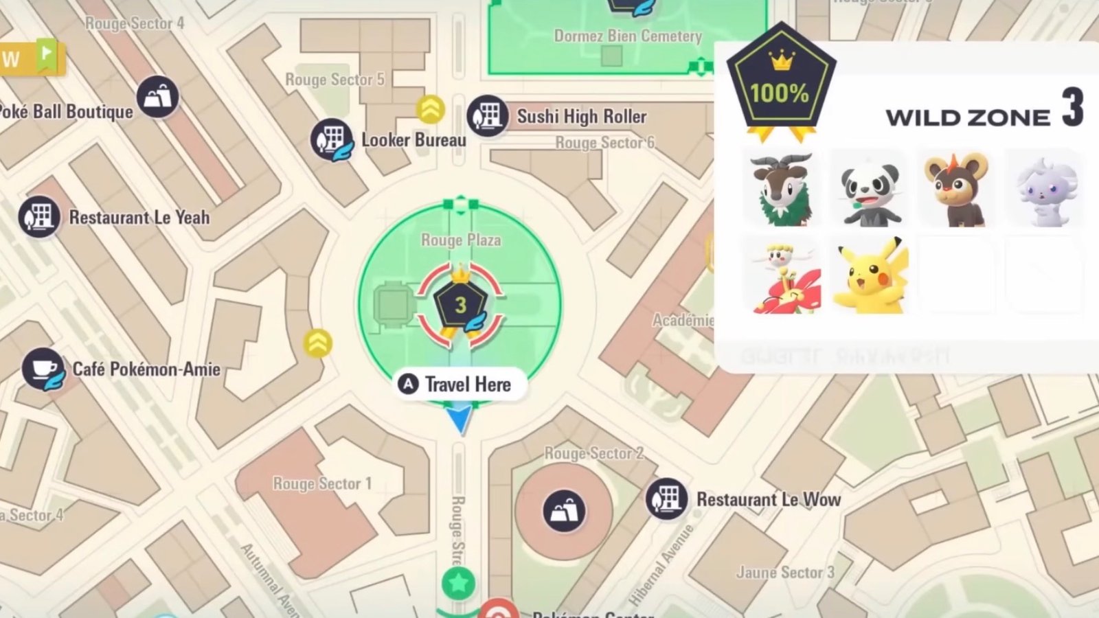 Pokémon Legends: Z-A screenshot featuring the Wild Zone 3 map location.