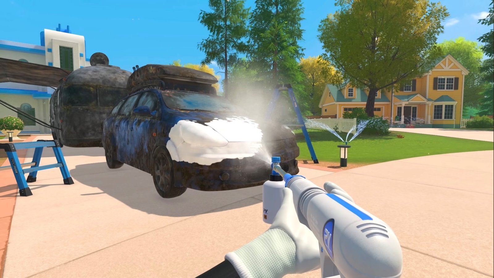PowerWash Simulator 2 screenshot featuring clearing dirt with soap from a car.