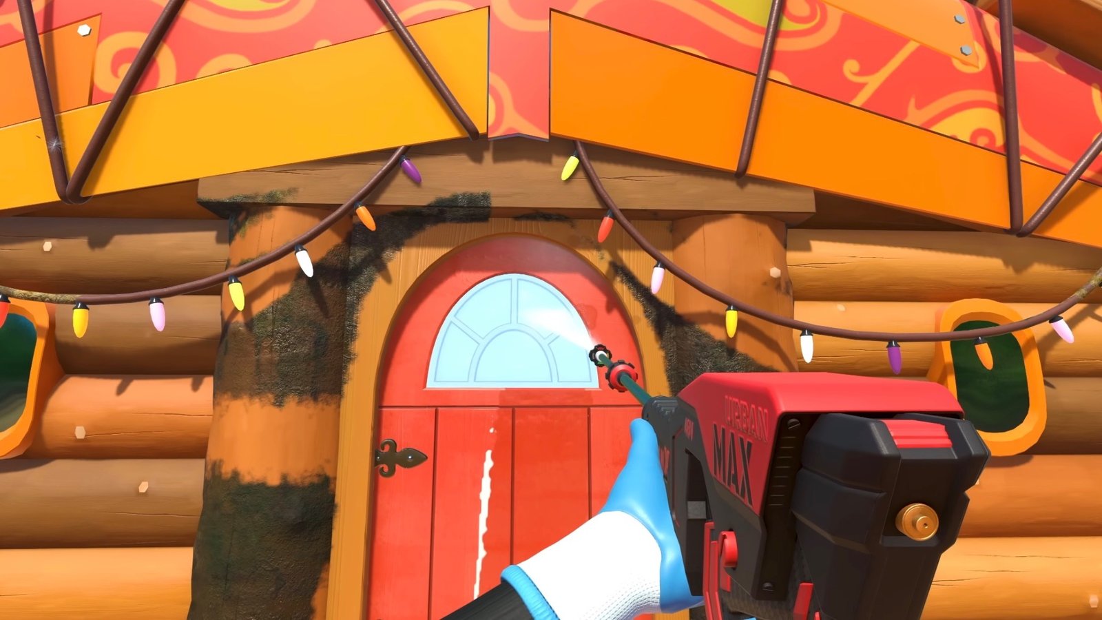 PowerWash Simulator 2 screenshot featuring clearing dirt with soap from a red door.