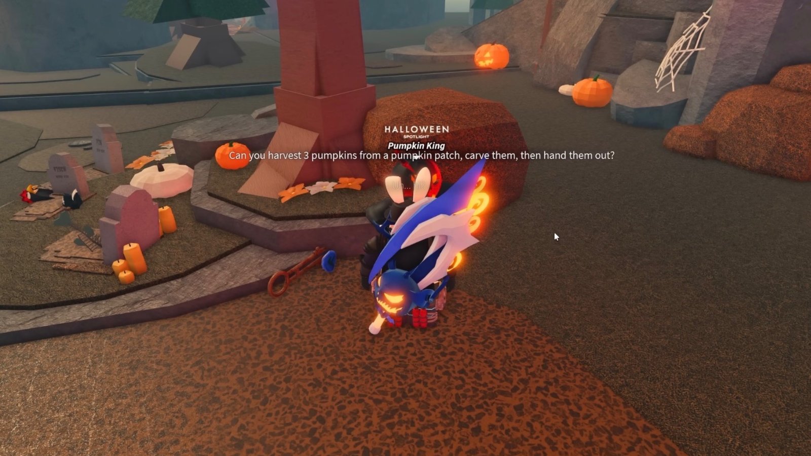 Fisch screenshot featuring the player interacting with the Pumpkin King.