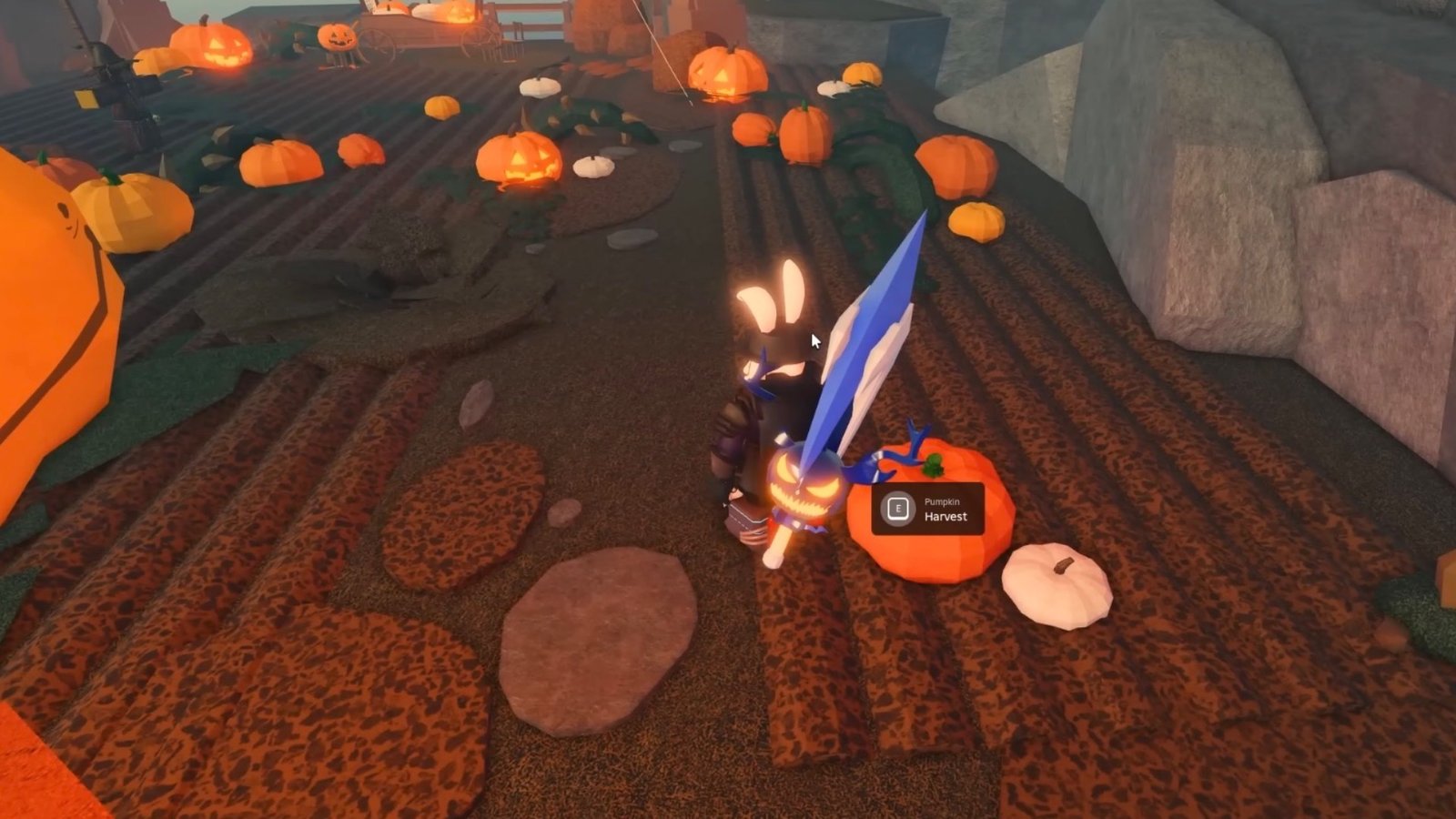 Fisch screenshot featuring the player harvesting pumpkins.