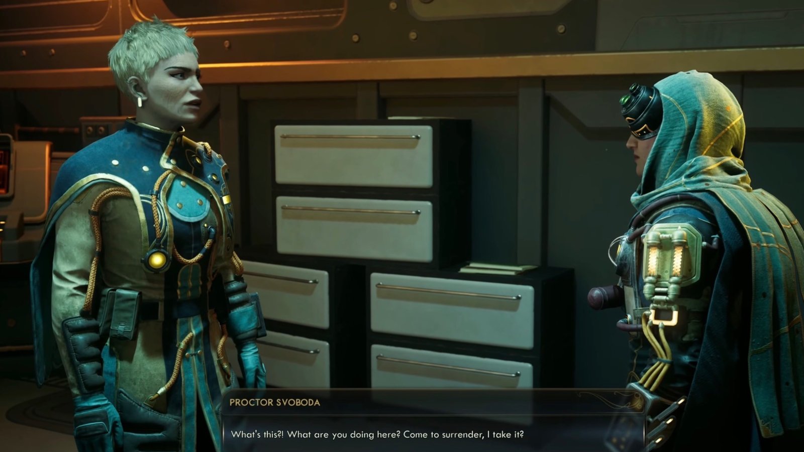 The Outer Worlds 2 Initiate Alva speaking to Proctor Svoboda.