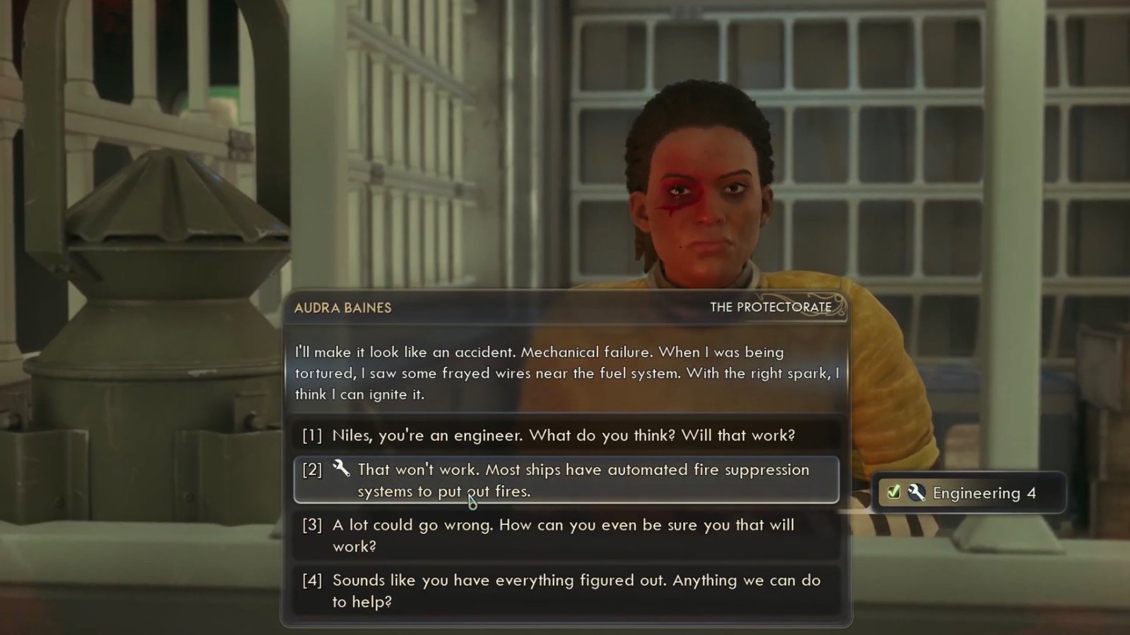 The Outer Worlds 2 screenshot featuring Audra and her dialogue choices.