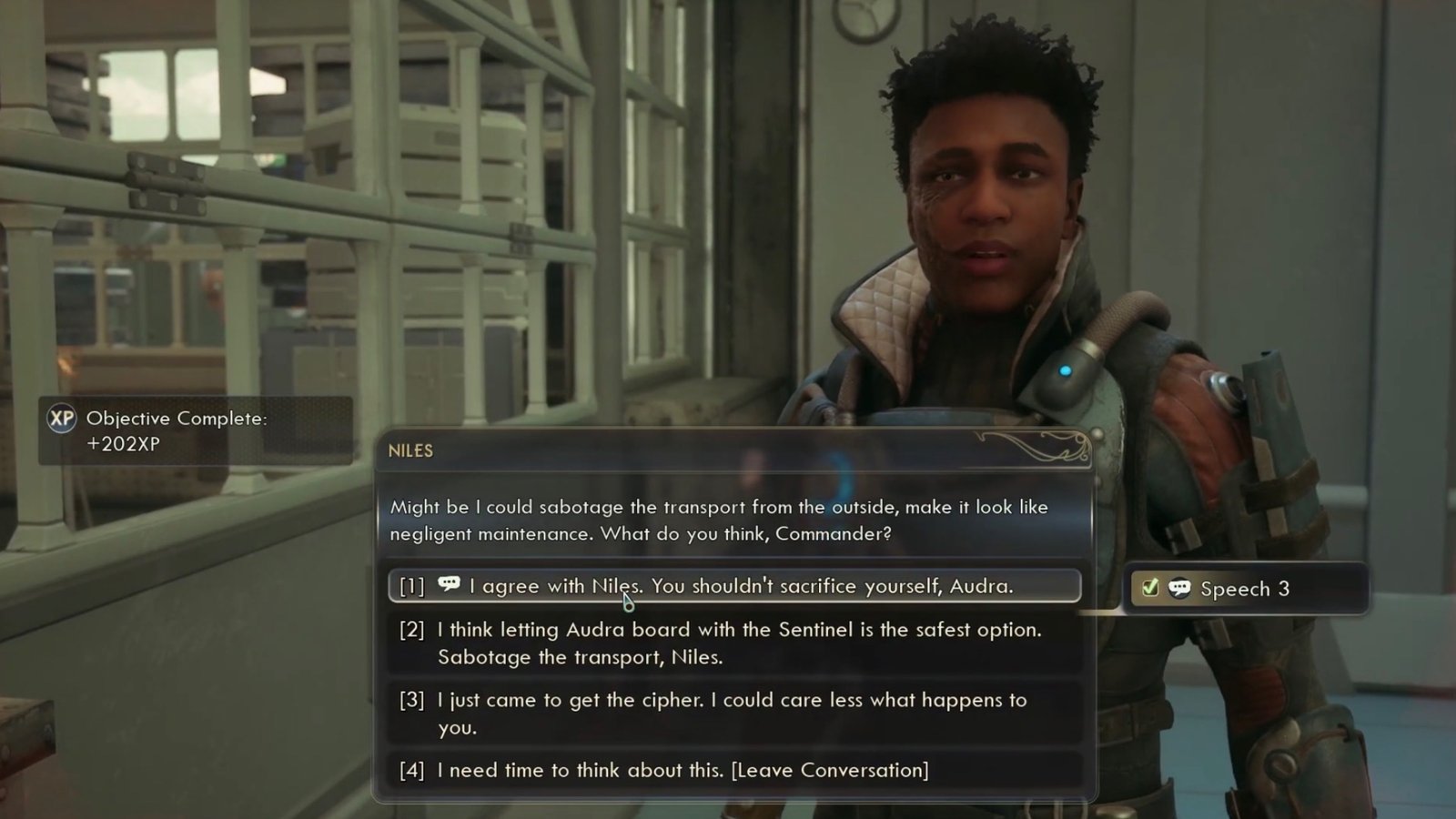 The Outer Worlds 2 screenshot featuring Niles and his dialogue choices.