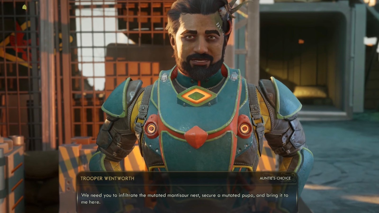 The Outer Worlds 2 screenshot featuring Trooper Wentworth dialogue options.