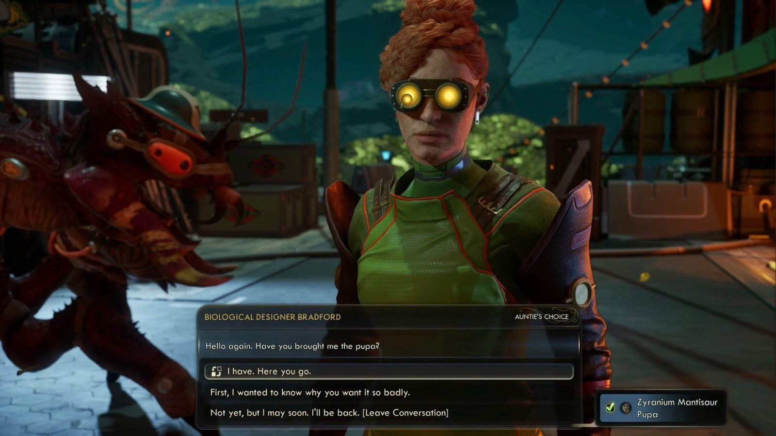 The Outer Worlds 2 screenshot featuring Biologist Bradford's dialogue options.