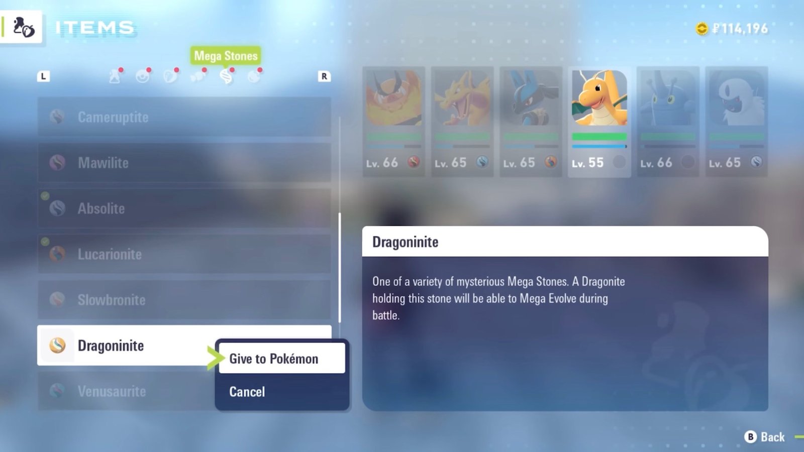 Pokémon Legends: Z-A feeding Dragoninite Mega Stone to the Shiny Alpha Dragonite.