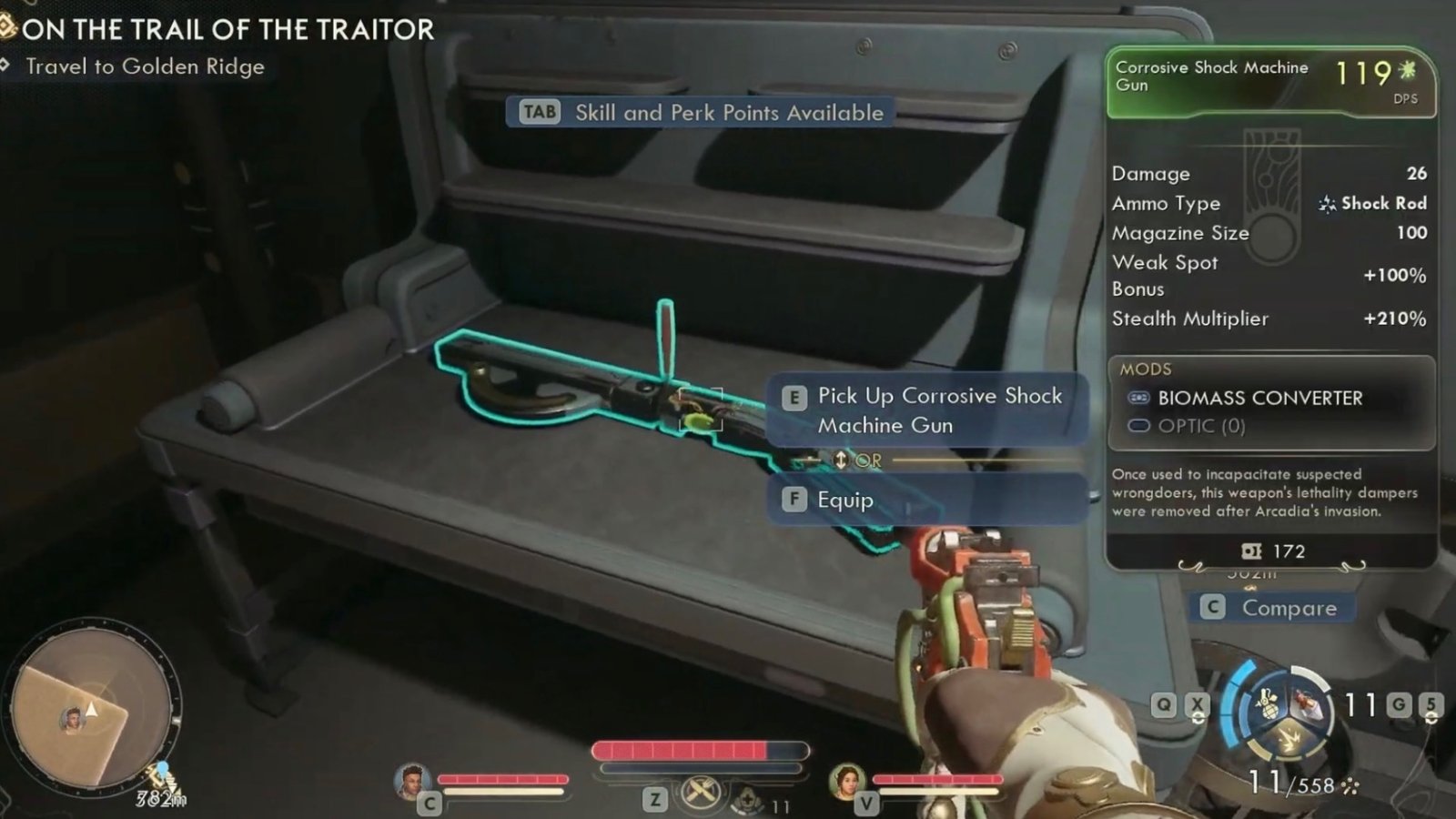 The Outer Worlds 2 featuring the Corrosive Shock Machine Gun.