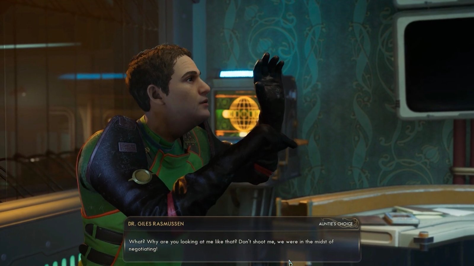 The Outer Worlds 2 screenshot featuring the Grafting Doctor begging for his life.