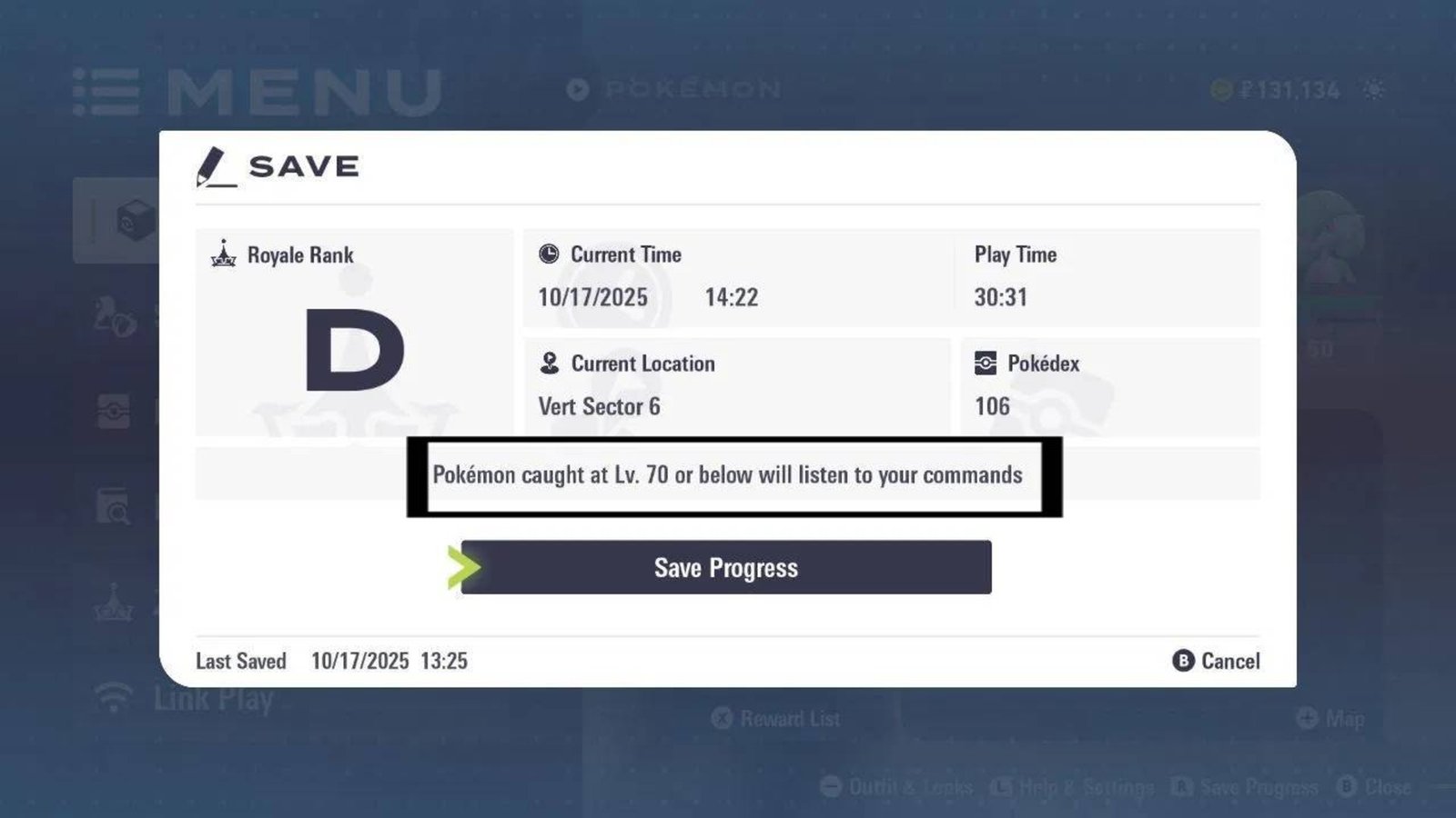 Pokémon Legends Z-A Obedience level