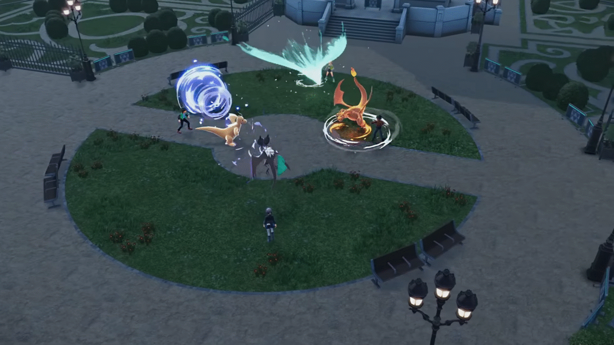 Pokémon Legends Z-A Pokemon battles at night top down view