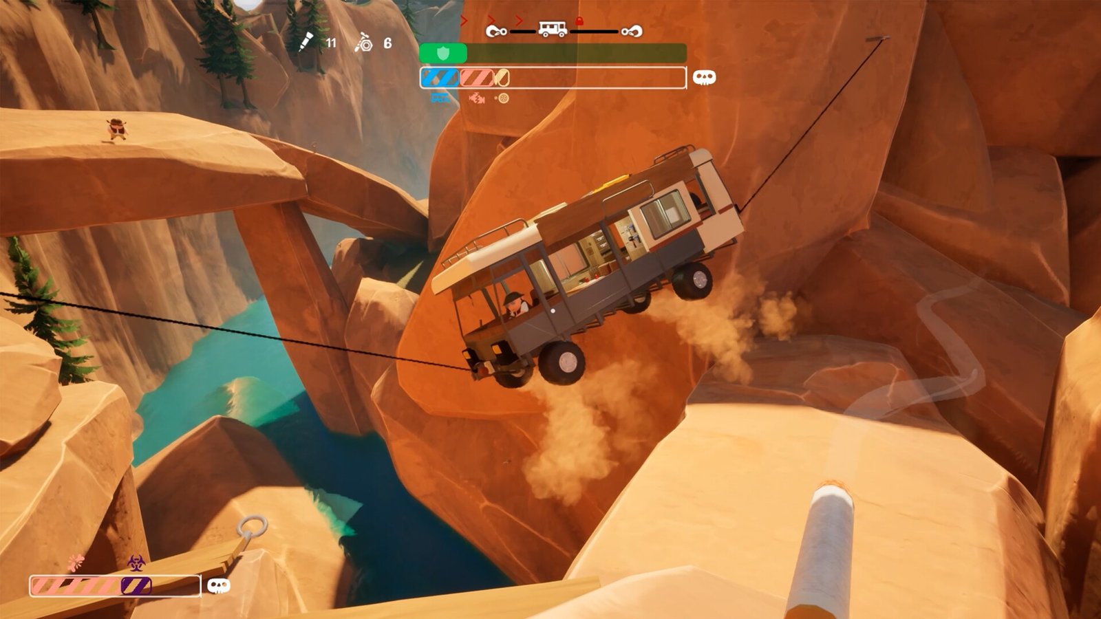 RV There Yet screenshot featuring the RV hanging by a thread.