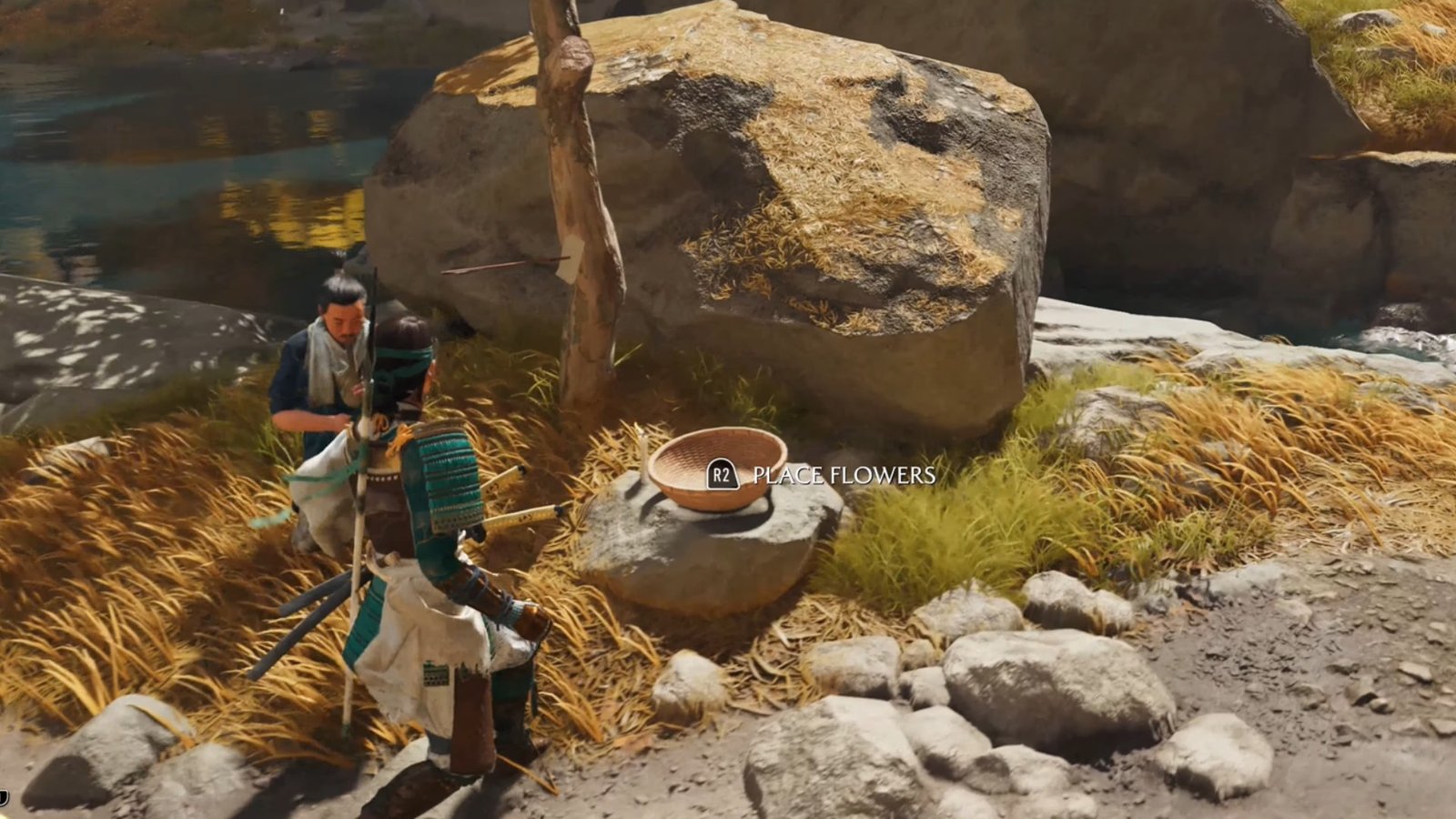 Ghost of Yotei screenshot featuring Atsu placing the flowers beside the settler.