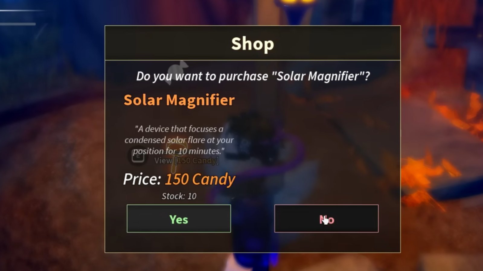 Prospecting screenshot featuring the Solar Magnifier in the Shop.