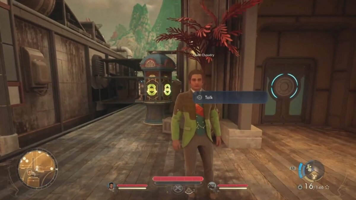 Talking to Huel to start the Perilous Journey to the Grove quest in The Outer Worlds 2