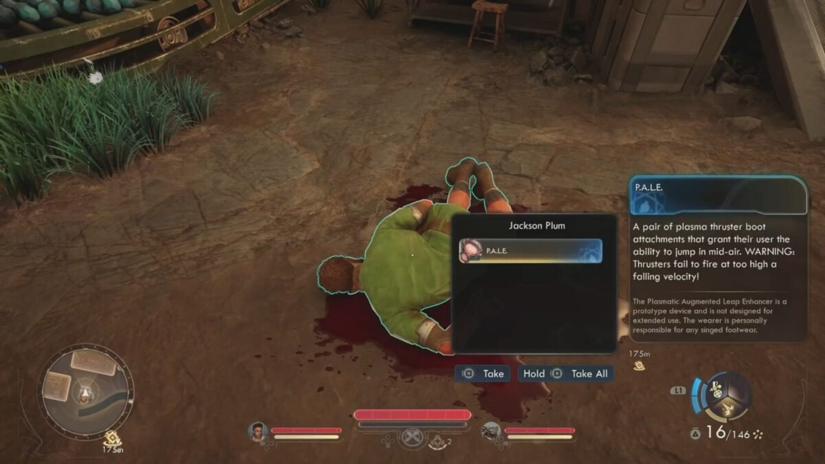 Getting the Plasma Thruster Boots (P.A.L.E. Booster) from Jackson’s body in The Outer Worlds 2