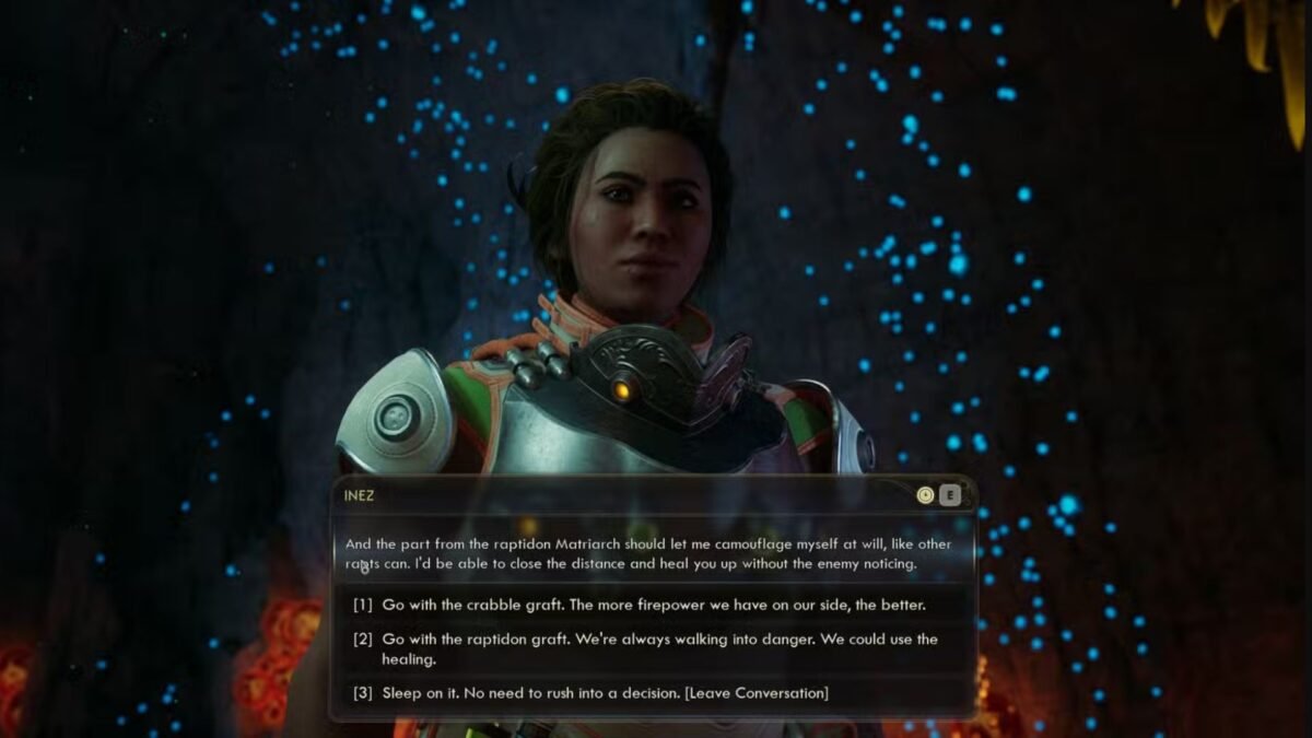 Choosing between the Crabble Claw or the Raptidon Fin for Ine in The Outer Worlds 2