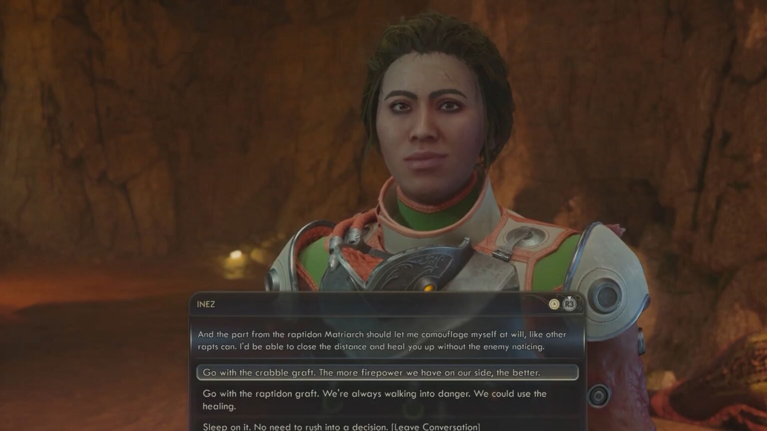 Choosing between the Crabble Claw or the Raptidon Fin for Inez in The Outer Worlds 2