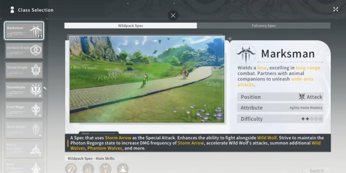An overview of the Class menu in Blue Protocol: Star Resonance