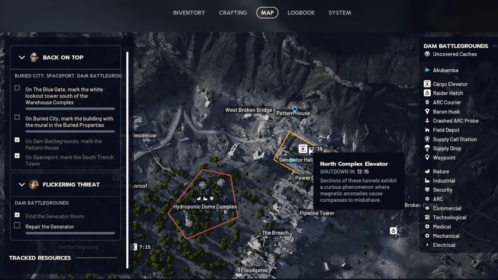 ARC Raiders Generator Room for Flickering Threats quest Dam Battegrounds map location.