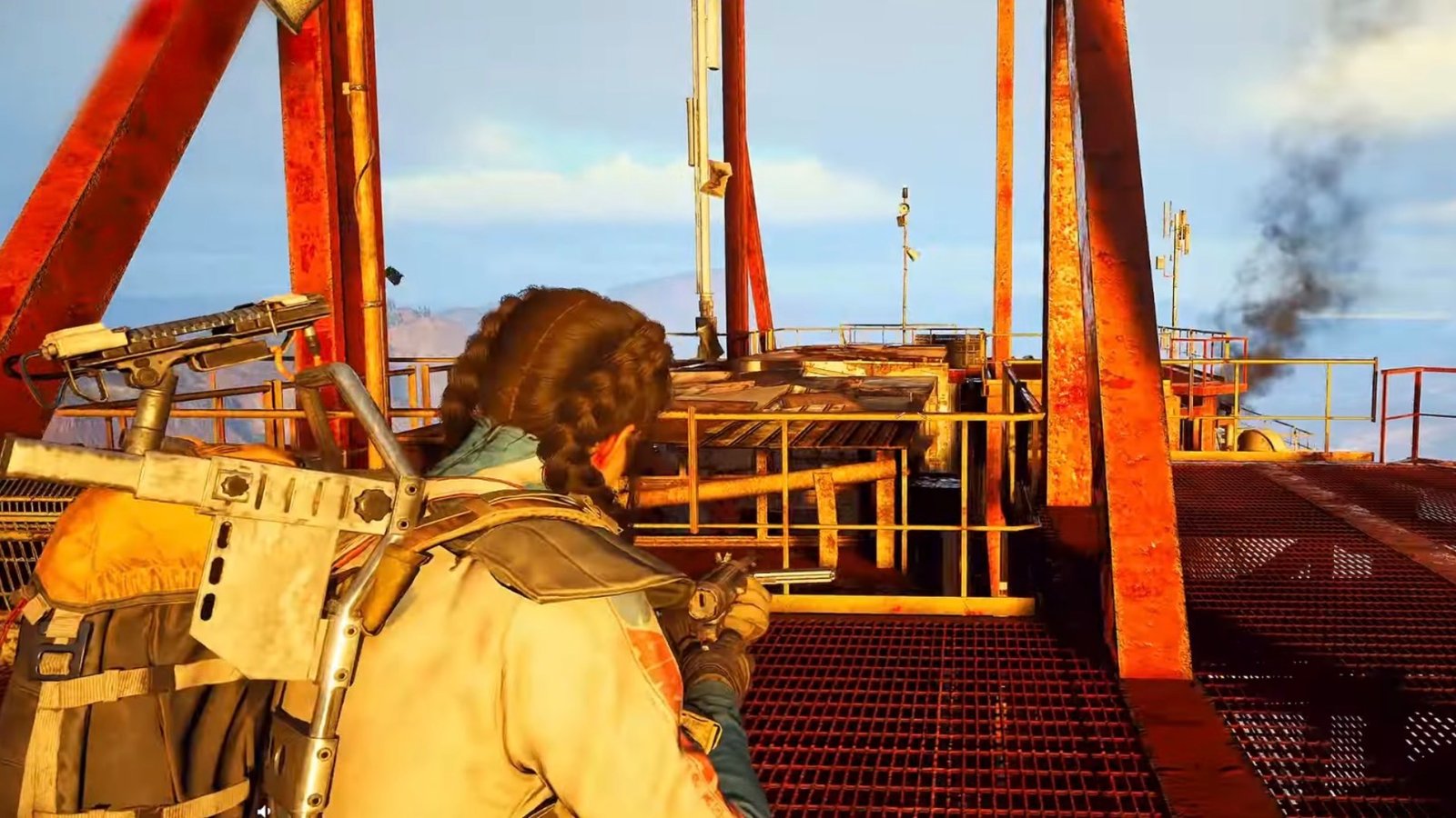 ARC Raiders looting across the Launch Tower rooftop.