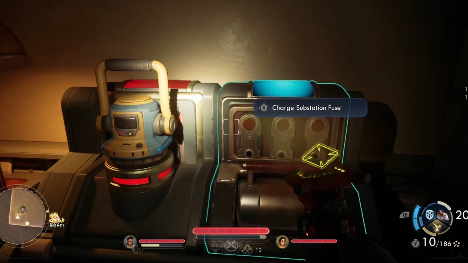 The Outer Worlds 2 featuring the player charging the Substation Fuse.