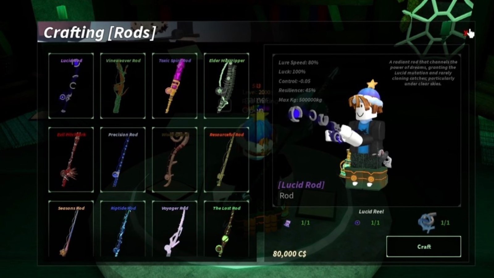 Fisch screenshot featuring the player crafting the Lucid Rod with the required ingredients.
