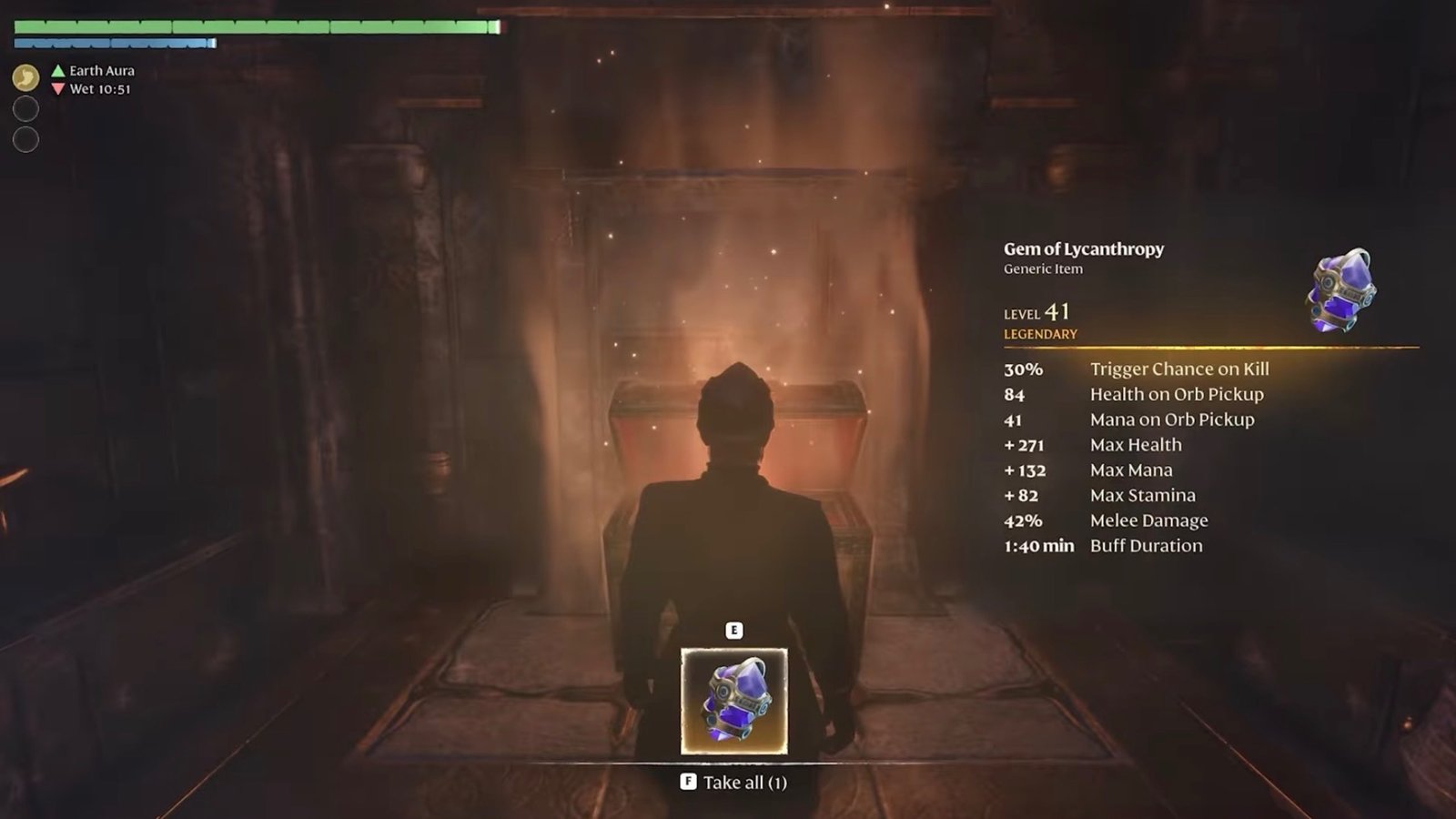 Opening the Legendary Chest to obtain the Gem of Lycanthropy in Enshrouded.