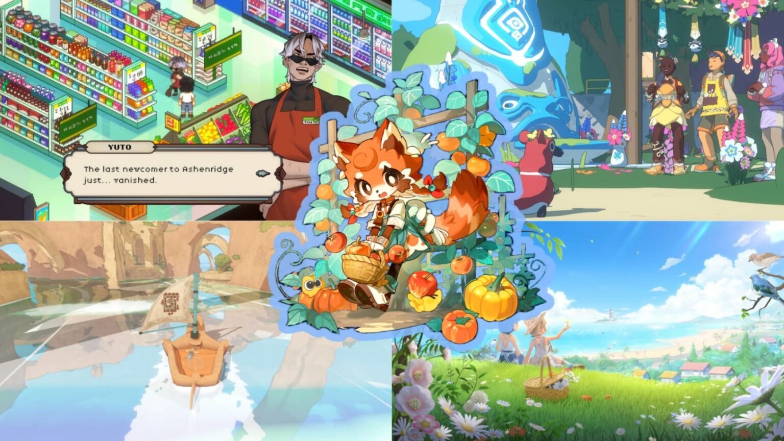 2026 Cozy Games Collage with Images from Grave Seasons, Spirit Crossing, Gecko Gods, Starsand Island, and Petit Planet