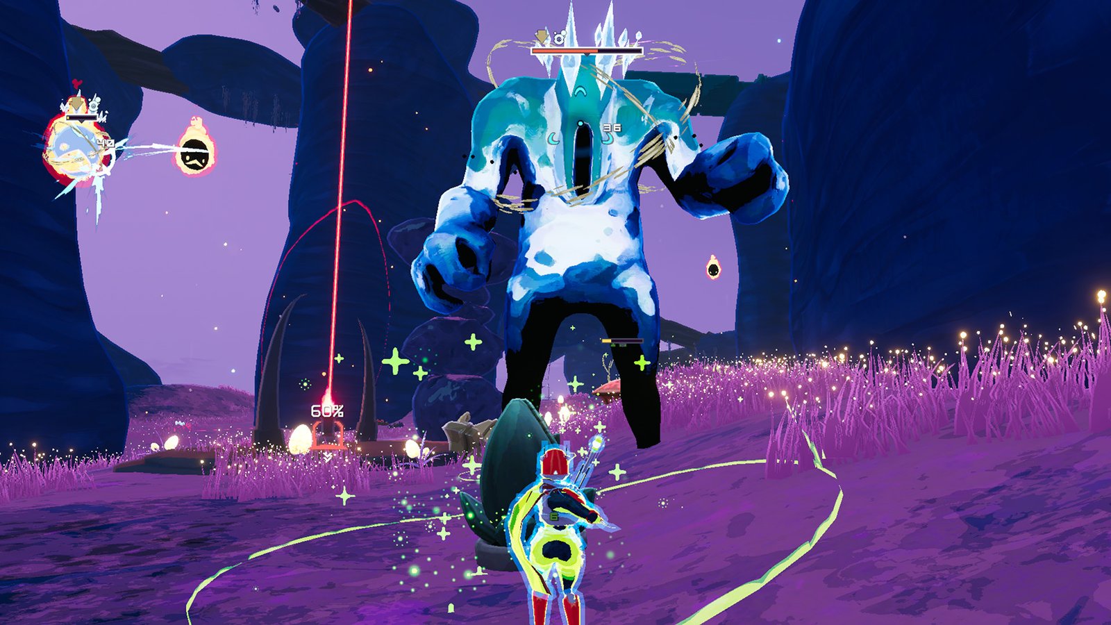 Attacking a big enemy in roguelite, Risk of Rain 2. 