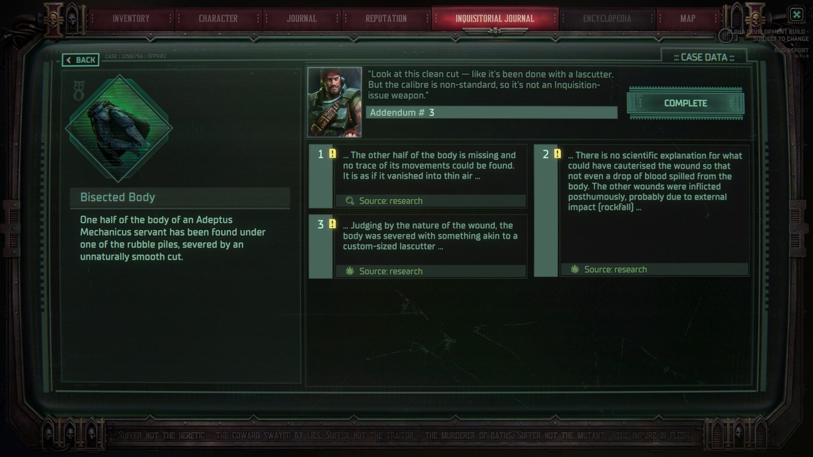 The player receives information from a subordinate to cross-examine evidence in Warhammer 40 K: Dark Heresy.