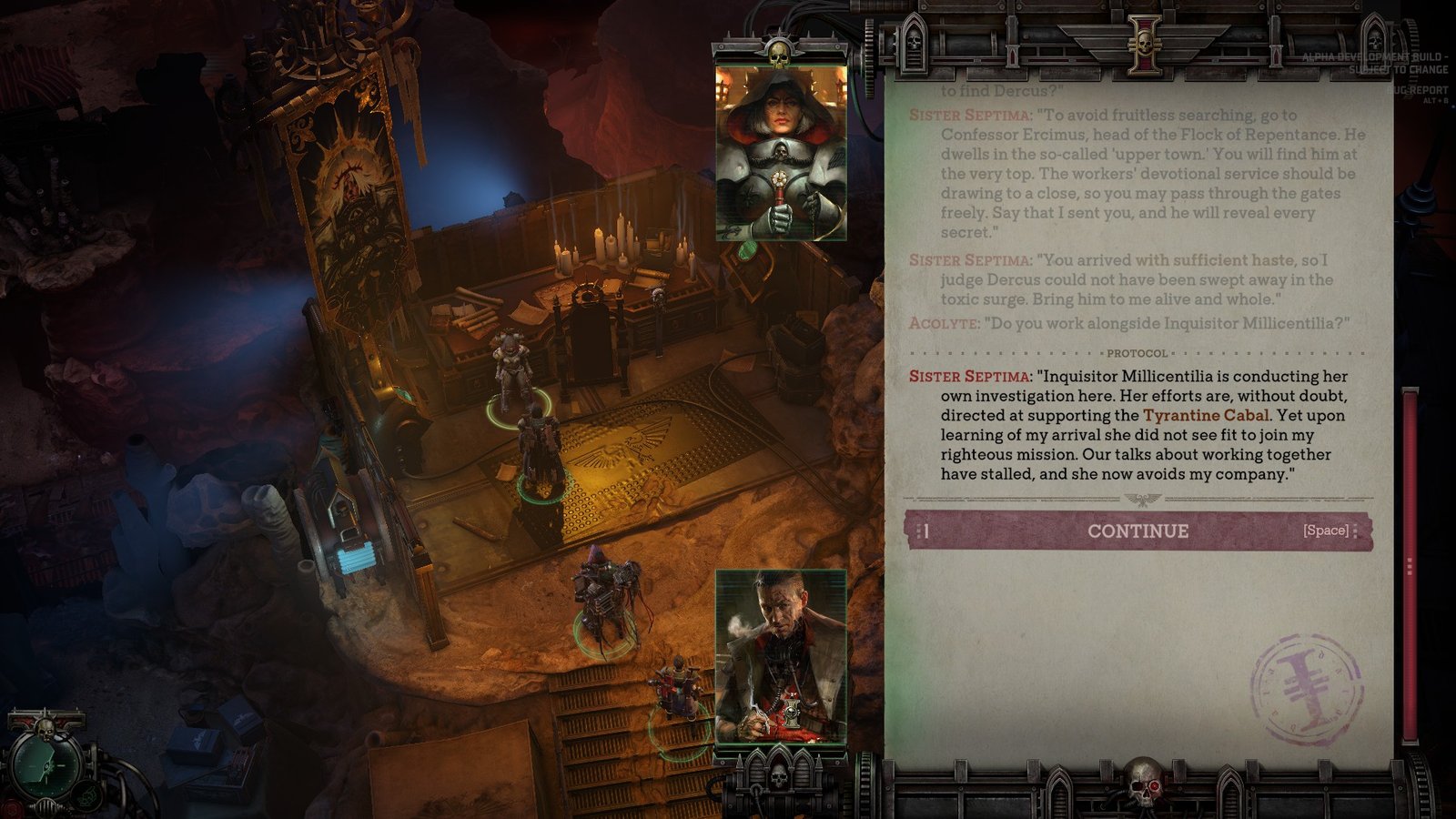 The Player Acolyte speaking with Sister Septime in Warhammer 40k Dark Heresy.