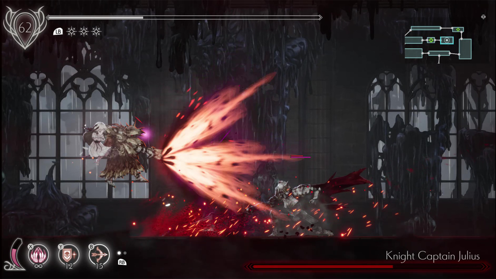 An image of Knight Captain Julius boss fight in Ender Lilies: Quietus of the Knights