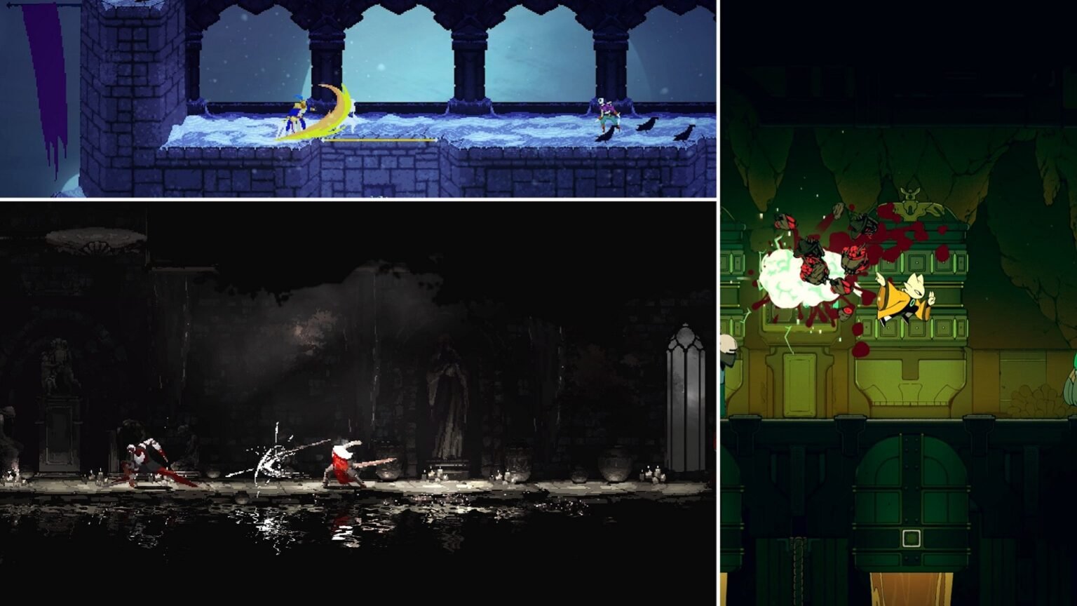 A collage of some of the hardest 2D Soulslikes: Adventure of Samsara, Moonscars, and Nine Sols