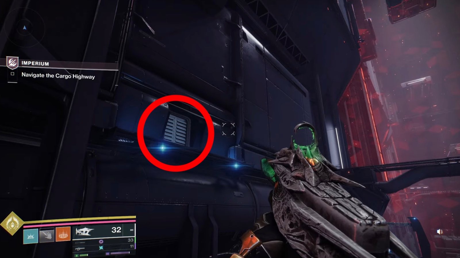 The vent's location to the left of the Cargo Highway in Destiny 2: Renegades.