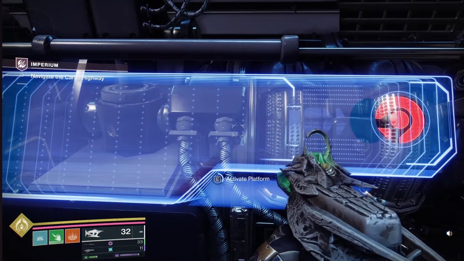 Activating the lift using the console in the Cargo Highway in Destiny 2: Renegades.