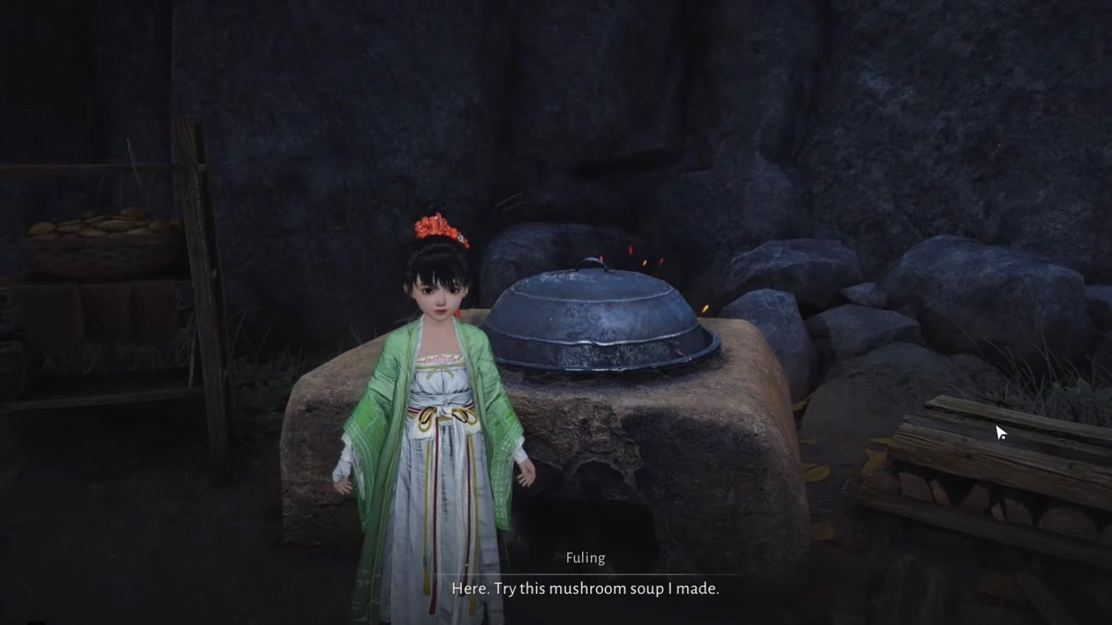 Fuling cooks mushroom soup and ends the Encounter in Where Winds Meet.