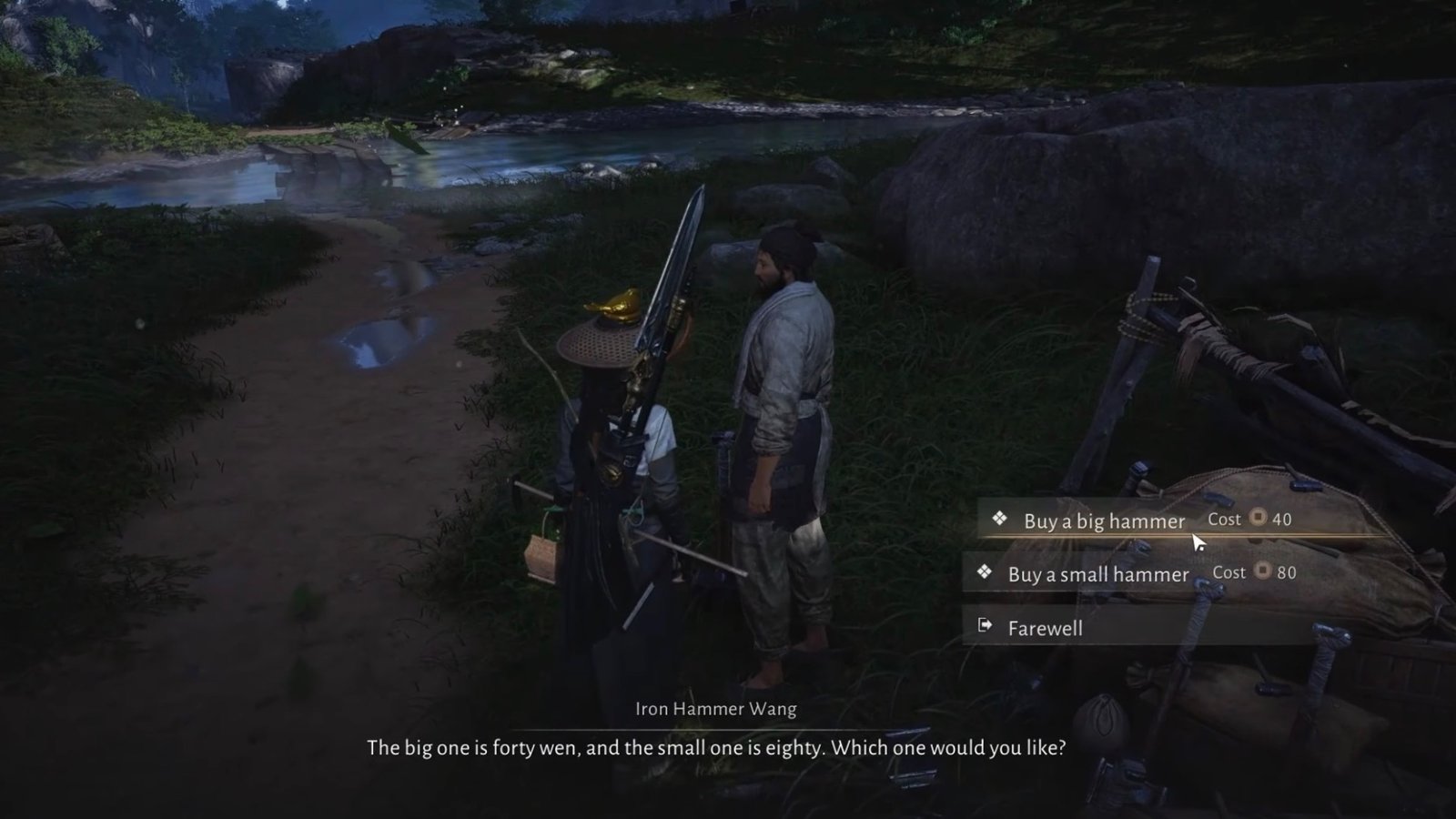 Purchasing hammers from Iron Hammer Wang in Where Winds Meet.