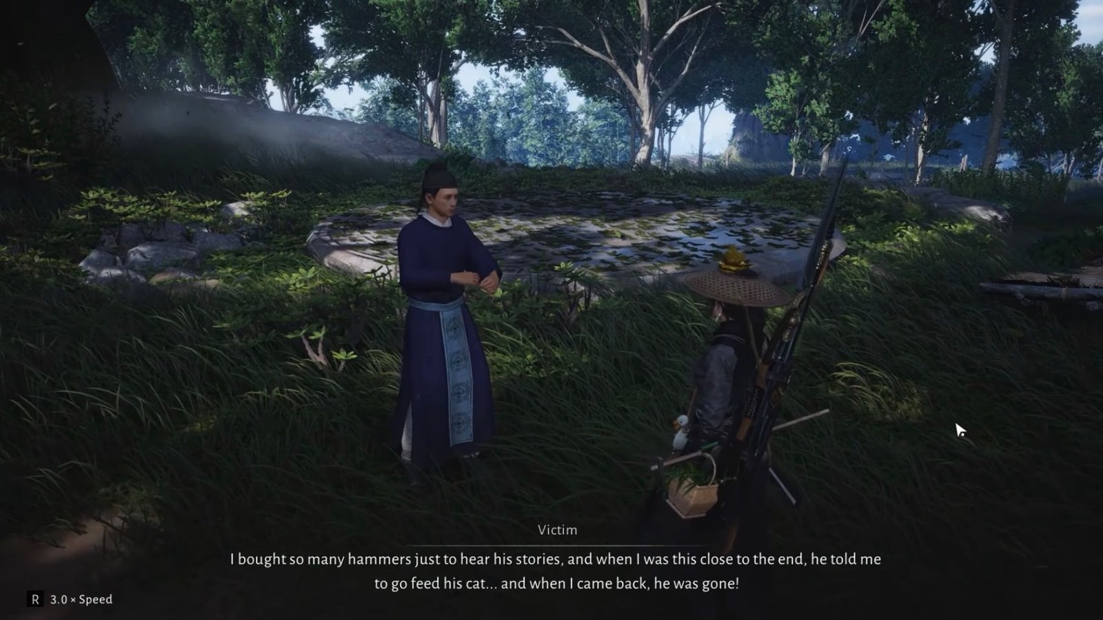 Interacting with one of Iron Hammer Wang's victims and concluding the Encounter in Where Winds Meet.