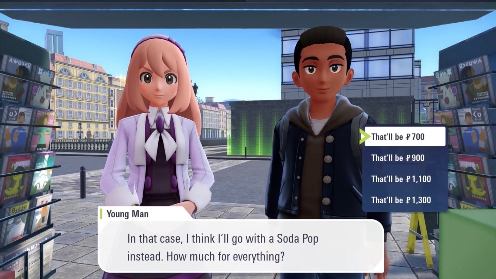 The second customers in the Kiosk Conundrum side mission in Pokémon Legends Z-A Mega Dimension.