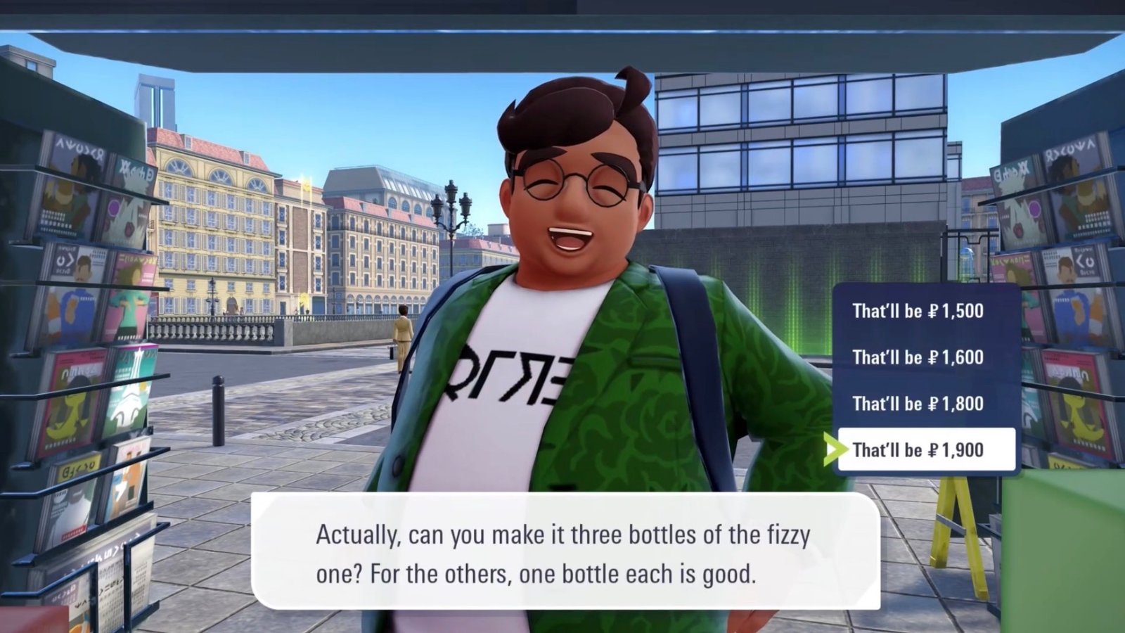 The third customer in the Kiosk Conundrum side mission in Pokémon Legends Z-A Mega Dimension.