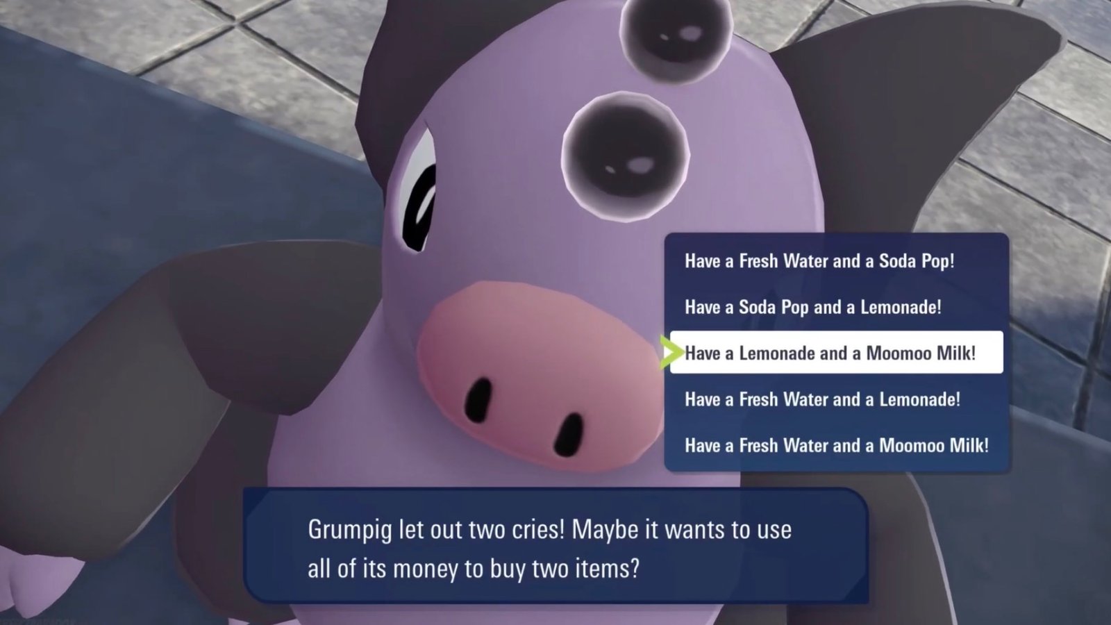 The fourth customer, Grumpig, in the Kiosk Conundrum side mission in Pokémon Legends Z-A Mega Dimension.