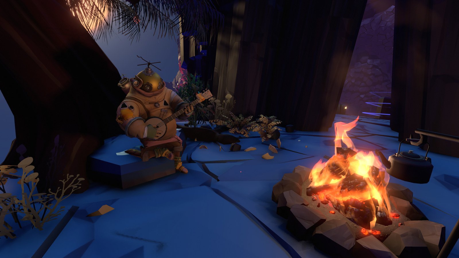 Sitting at a bonfire with an explorer in Outer Wilds.