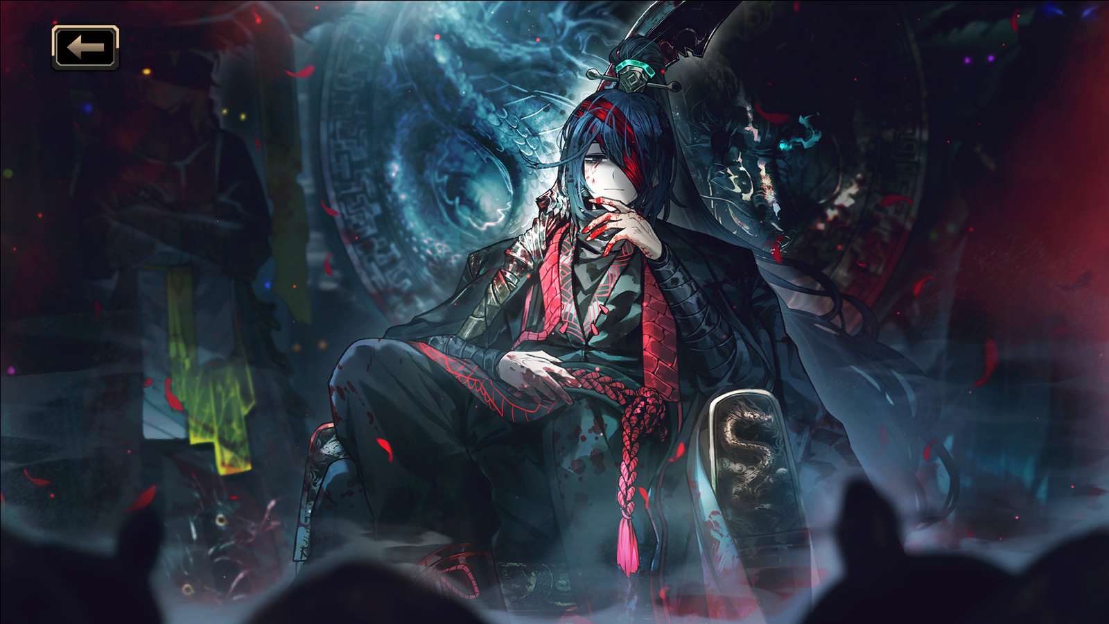 Lord Hong Lu on his throne, surrounded by the Heishou Pack in the shadows