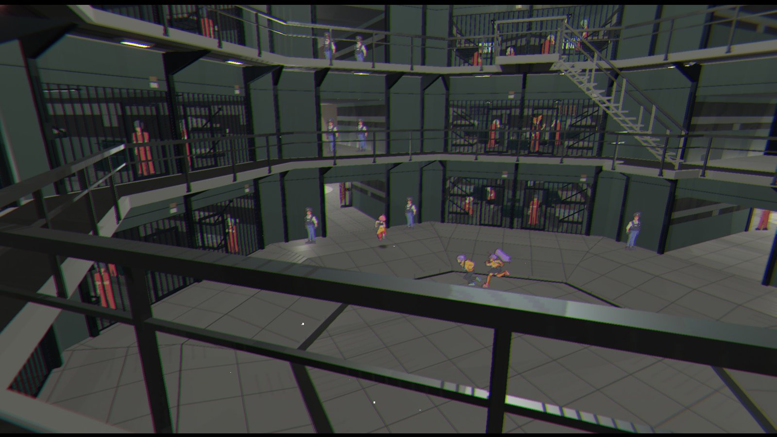 UNBEATABLE characters wandering through a massive prison. Cells are filled with prisoners and guards patrol around.