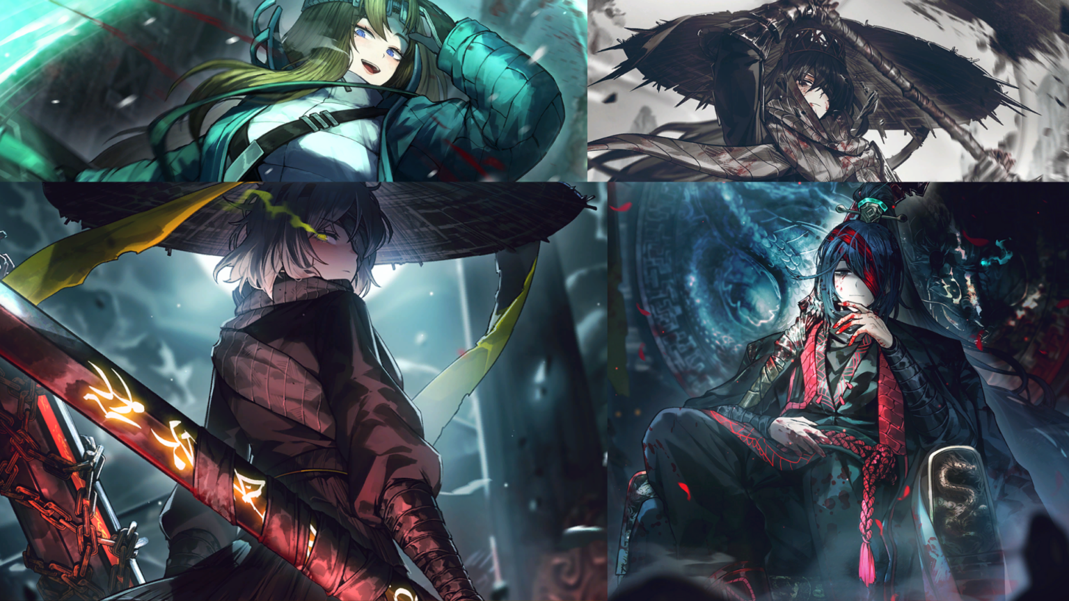 A collage of art of Heishou Pack Hong Lu, Faust, and Yi Sang and Devyot Assoc Rodion