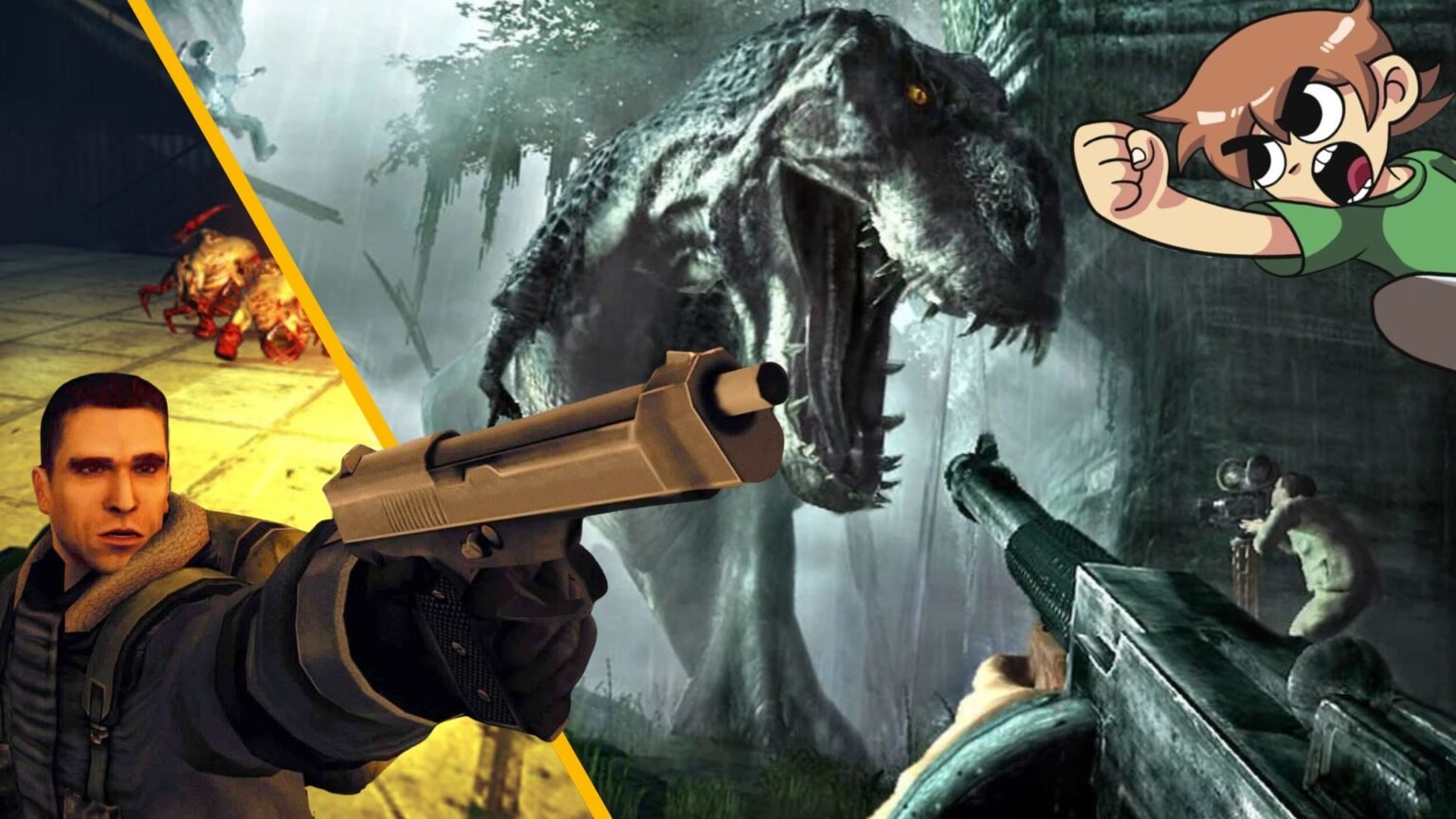 Blake points a gun at Scott Pilgrim who is punching a T-Rex from King Kong