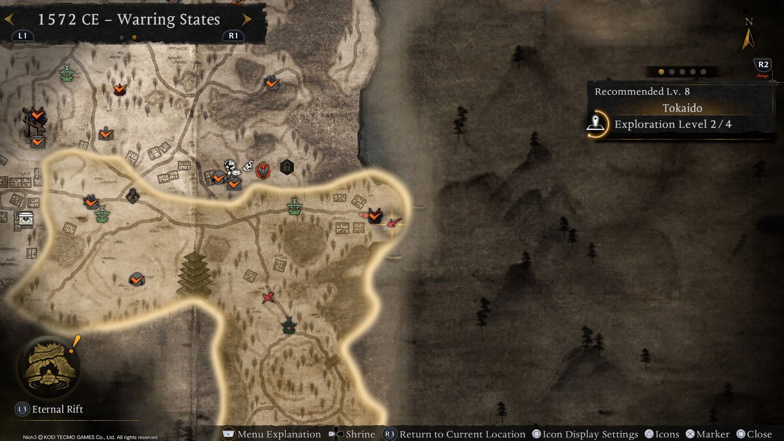 Image of Nioh 3 map showing the location of Bloodedge Demon