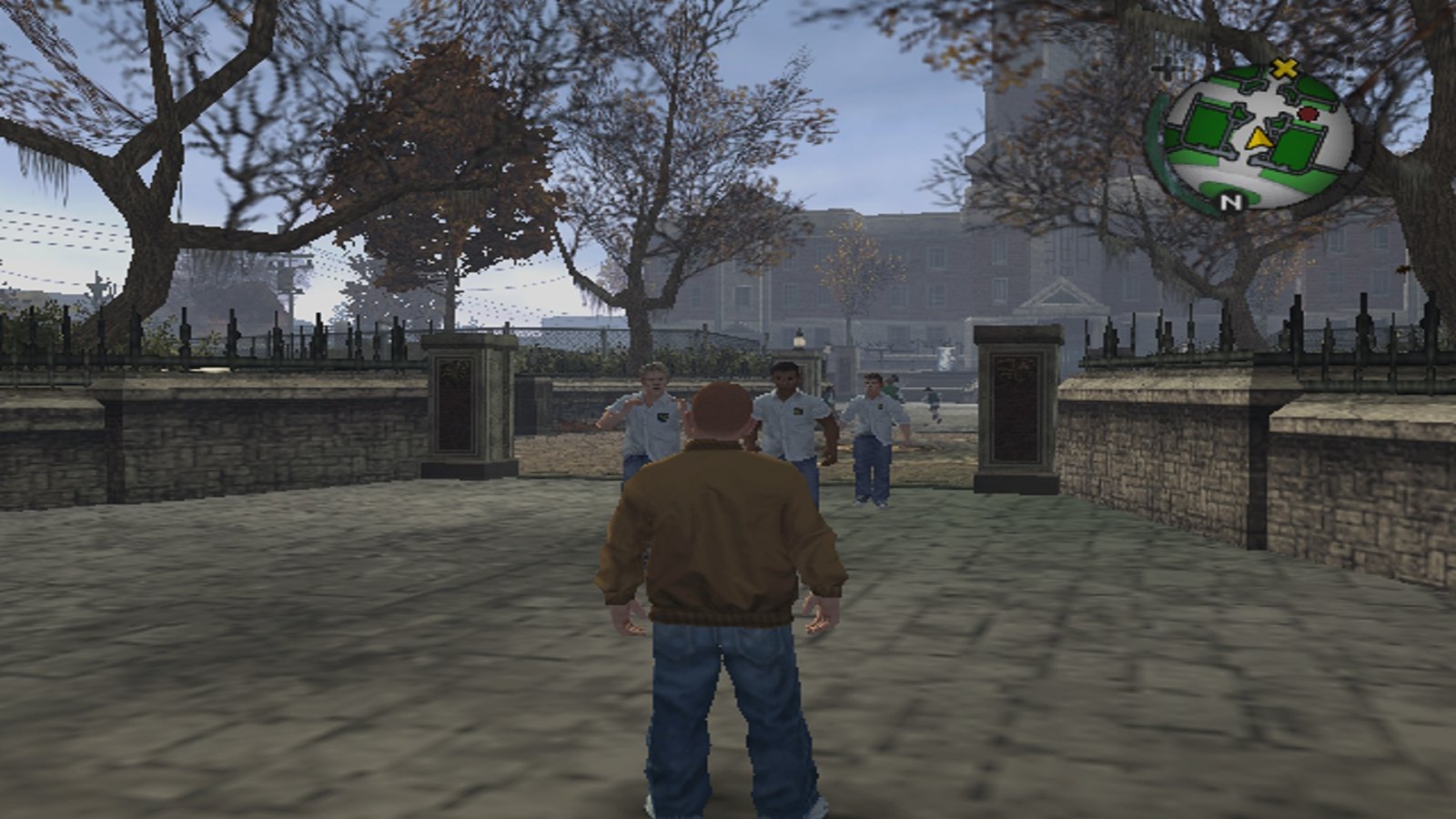 Jimmy in Bully stood in the school courtyard.